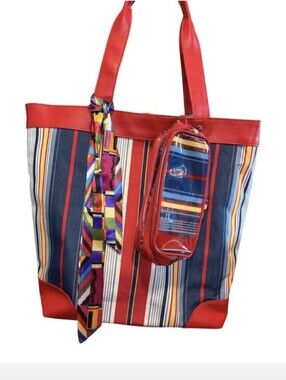 Lancome Red-Trim Multicolor Striped Tote with Scarf Accent